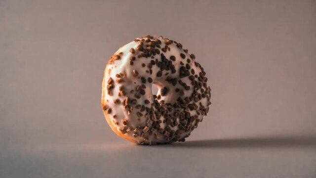 White chocolate donut with almonds topping rotating on gray background.