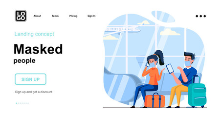 Masked people web concept. Man and woman in masks in airport waiting room. Coronavirus prevention. Template of people scene. Vector illustration with character activities in flat design for website