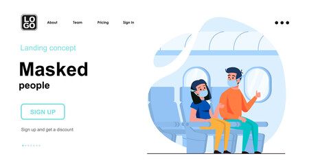 Masked people web concept. Man and woman wear masks on plane while flying. Coronavirus prevention. Template of people scene. Vector illustration with character activities in flat design for website