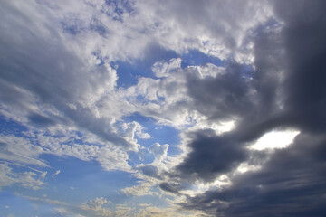 The bright sun hid behind light white clouds in the blue sky.
