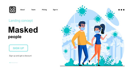 Masked people web concept. Man and woman wear masks and walking city park. Coronavirus prevention. Template of people scene. Vector illustration with character activities in flat design for website