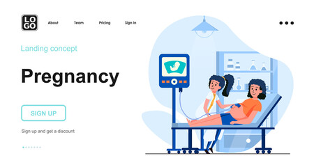 Pregnancy web concept. Pregnant woman on ultrasound examination, screening by doctor at clinic. Template of people scene. Vector illustration with character activities in flat design for website