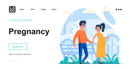 Pregnancy web concept. Pregnant woman and man walking in city park. Young family expecting baby. Template of people scene. Vector illustration with character activities in flat design for website