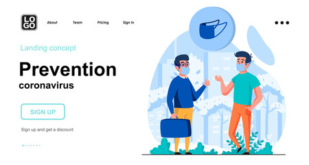 Prevention coronavirus web concept. Men wear medical masks in public places, health protection. Template of people scene. Vector illustration with character activities in flat design for website