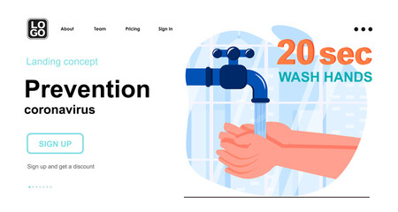 Prevention coronavirus web concept. Wash your hands with soap for 20 sec. Hygienic recommendation. Template of people scene. Vector illustration with character activities in flat design for website