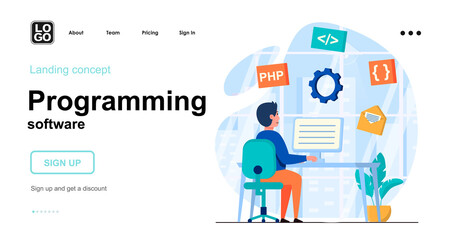 Programming software web concept. Programmer develops application, coding code, work on computer. Template of people scene. Vector illustration with character activities in flat design for website