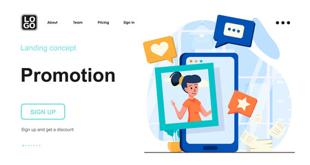 Promotion web concept. Business ad campaign in social networks, online communication, marketing tool. Template of people scene. Vector illustration with character activities in flat design for website