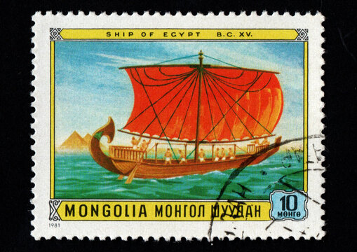 Mongolian post stamp dedicated to Egyptian ship. Ancient ship