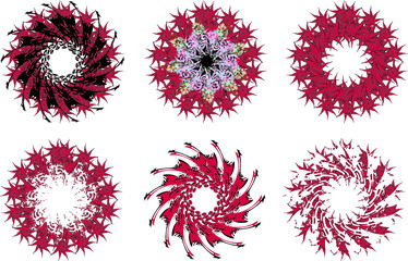 Frames or stars in red and black tones on white for holidays and events. Detailed twirled stars like a flowers for backgrounds and textures, emblems, prints, wallpaper, textiles, embroidery, etc.