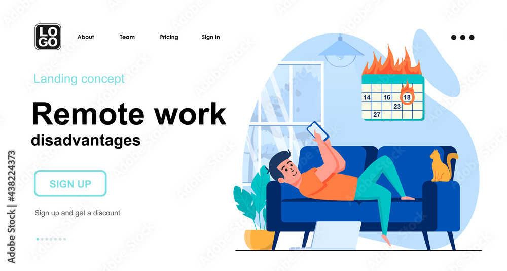 Aufkleber Remote work disadvantages web concept. Man procrastinates using smartphone and work deadline is on. Template of people scene. Vector illustration with character activities in flat design for website