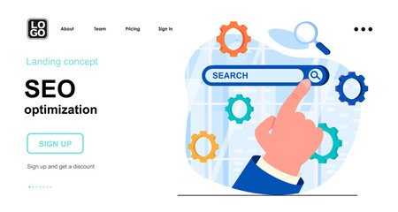 Seo optimization web concept. Setting up browser search, site ranking, strategy promotion, traffic. Template of people scene. Vector illustration with character activities in flat design for website