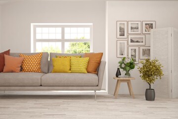 White living room with sofa. Scandinavian interior design. 3D illustration