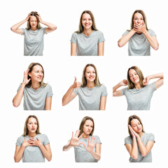 A set of images of a young girl with different emotions. White background. Collage. Square format.