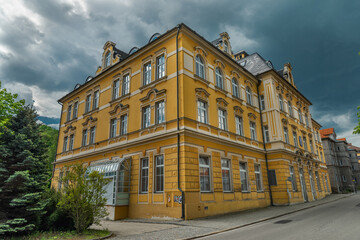 Houses in Vimperk town in spring color fresh rainy day