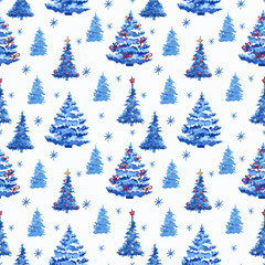 Obraz premium Christmas time. Hand drawn watercolour seamless pattern isolated on white background. 