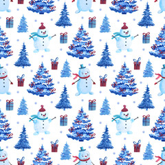 Christmas time. Hand drawn watercolour seamless pattern isolated on white background. 