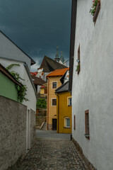 Houses in Vimperk town in spring color fresh rainy day