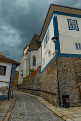 Houses in Vimperk town in spring color fresh rainy day