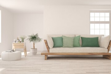 Soft color living room with sofa. Scandinavian interior design. 3D illustration