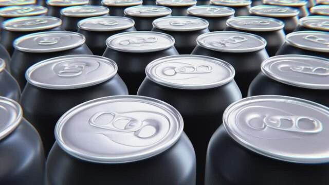 Realistic looping tracking shot 3D animation of the matte black drink cans rendered in UHD