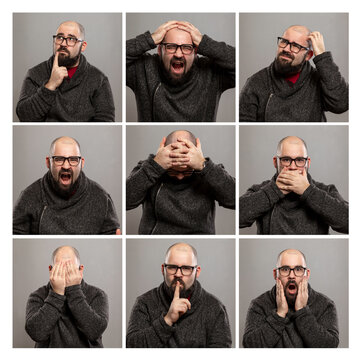 A set of emotional images of a bald man with glasses. Gray background. Square format.