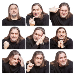 Fototapeta na wymiar A set of emotional images of a middle-aged man with long hair. White background. Square format.