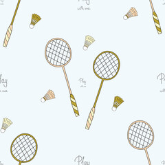 Seamless pattern with badminton rackets and shuttlecocks. Doodle style with lettering Play with me. Vector illustration for backdrops, wrapping paper, fabric textile prints.