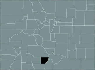 Black highlighted location map of the US Alamosa county inside gray map of the Federal State of Colorado, USA