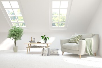 White living room with armchair. Scandinavian interior design. 3D illustration