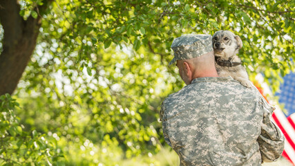 Fototapeta na wymiar Soldier with military dog outdoors on a sunny day
