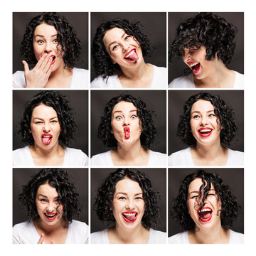 A set of images of a young woman with different emotions. Beautiful bright brunette. Black background. Collage. Square format.