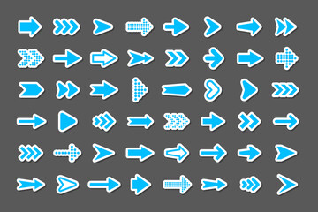 Colorful arrow stickers set. Blue cursor icons, pointers collection. Simple arrows in different shapes. Next, back web signs. Vector illustration.