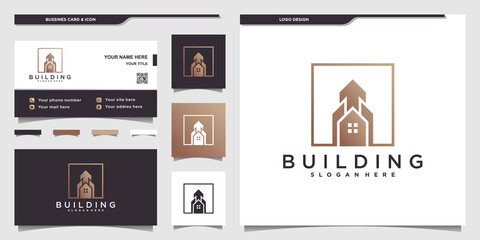 Collection of building logo with unique building box shape concept and business card Premium Vector