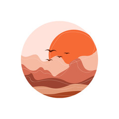Round abstract landscape. Desert. Boho style. Minimalistic landscape. One line. Trendy print of nature, for logo, sticker, for decor, background, for packaging, for web design.