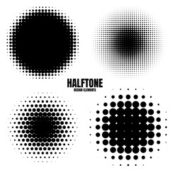 Circle halftone design elements with black dots isolated on white background. Comic dotted pattern.Vector illustration.