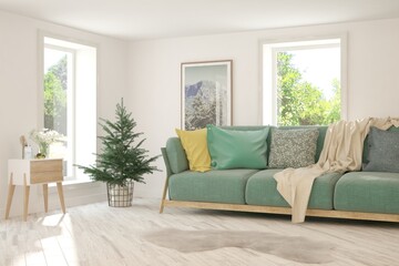 White living room with sofa and summer landscape in window. Scandinavian interior design. 3D illustration