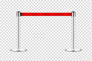 Realistic retractable belt stanchion on transparent background. Crowd control barrier posts with caution strap. Queue lines. Restriction border and danger tape. Vector illustration.