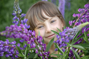 Close up girl face in flowers