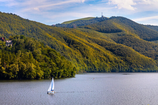 Panoramic view of Miedzybrodzkie Lake and Beskidy Mountains with Gora Zar mountain in Silesia region of Poland