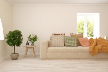 White living room with sofa. Scandinavian interior design. 3D illustration