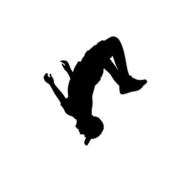 Silhouette teenager jumping flip. Somersault sport acrobatics.
