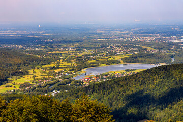 Panoramic view of Beskidy Mountains surrounding Miedzybrodzkie Lake and Porabka town seen from Gora Zar mountain near Zywiec in Silesia region of Poland