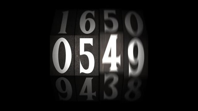 Rotating counter, countdown 60-00. ALPHA channel matte, inertia. old school vintage. Four digits, one minute, on transparent background. Steampunk countdown.