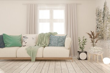 White living room with sofa. Scandinavian interior design. 3D illustration