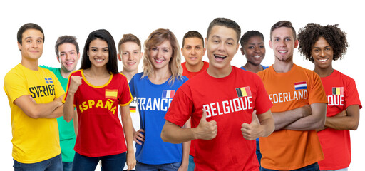 Happy football fan from Belgium with large group of european soccer supporters