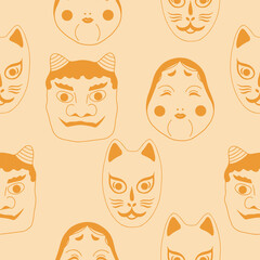 Japanese oni mask seamless pattern. Hand drawn traditional tile seamless pattern with kabuki masks - oni, fox, cat mask and kabuki mask. Vector asian doodle style japan oni demon repeat background.