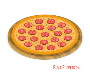 Pizza Pepperoni on wooden board. Isometric vector illustration.