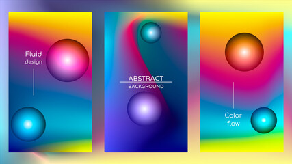 Abstract holographic poster, gradient mesh and pearlescent spheres. Iridescent design set template for award, brochure, certificate, banner, wallpaper, presentation, web, ui. Trendy vector background.