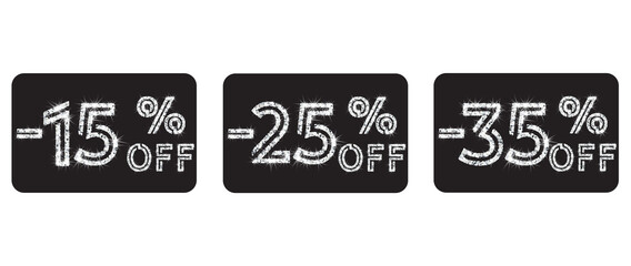 Vector set of realistic shining silver glitter sale icons 15%, 25%, 35% off. Discount tags, special offer labels. Isolated signs for design template.