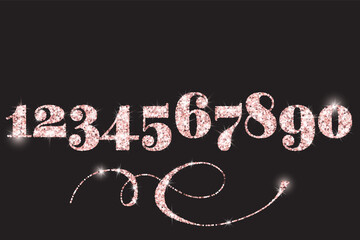 Realistic shining rose gold glitter numbers 1, 2, 3, 4, 5, 6, 7, 8, 9, 0. Set of isolated vector objects one, two, three, four, five, six, seven, eight, nine, zero for decoration, celebration design.